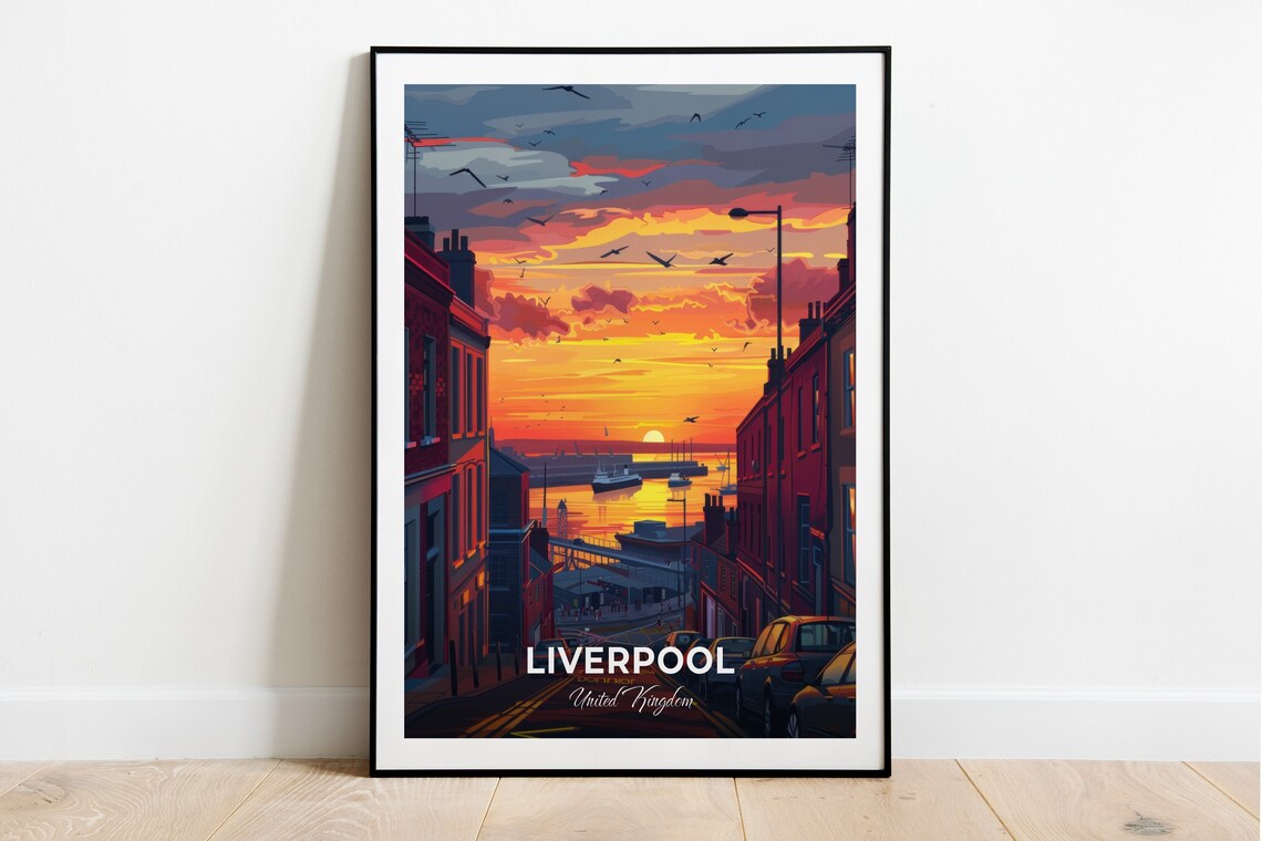 Liverpool Sunset Harbor Street Boats Warm Sky Travel Poster UK