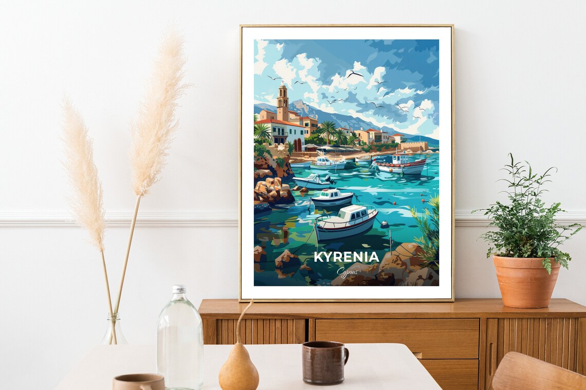 Kyrenia Cyprus Old Harbor Colorful Fishing Boats Sunny Day Poster - Image 2
