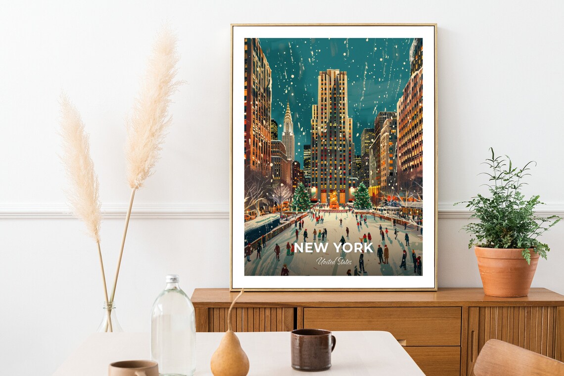 New York United States Manhattan Night Ice Rink Travel Poster - Image 2
