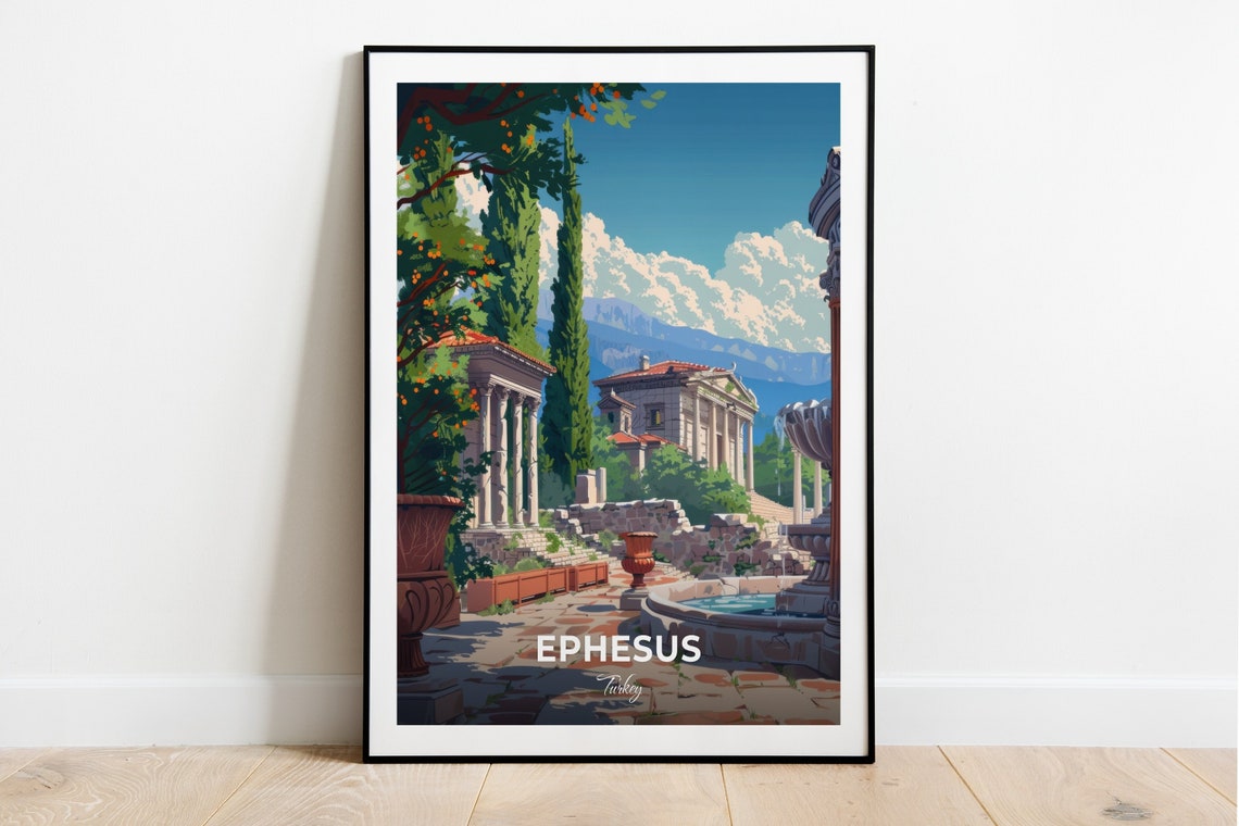 Ephesus Turkey Trajan Fountain Columns Ancient Garden Travel Poster