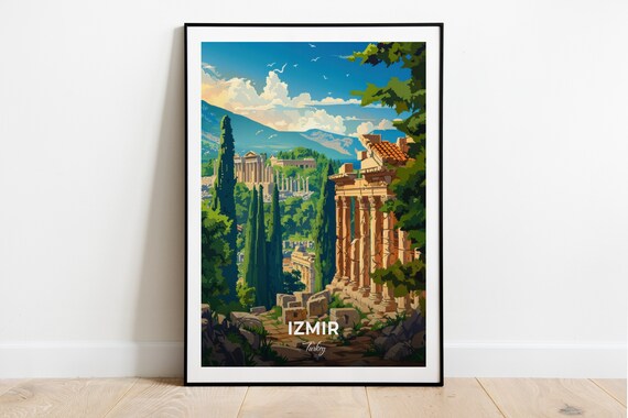 Izmir Ancient Temple Ruins With Mountains And Cypress Turkey Travel Poster