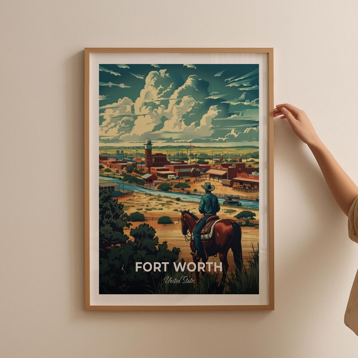 Fort Worth Texas Cowboy Horse Western Town Sunset Travel Poster - Image 2