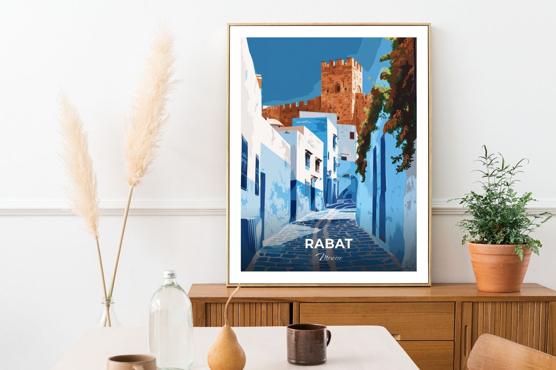 Rabat Morocco Ancient Blue Cobblestone Alley Kasbah Walls Poster - Image 2