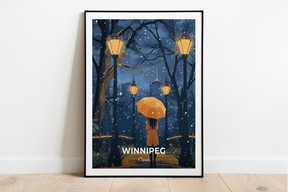 Winnipeg Canada Snowy Night Park Umbrella Stroll Scene Poster