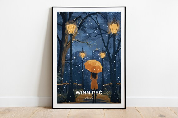 Winnipeg Canada Snowy Night Park Umbrella Stroll Scene Poster