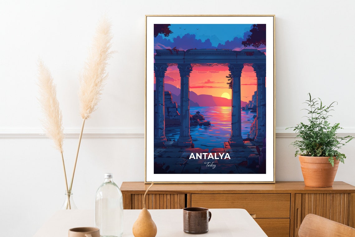 Antalya Temple Columns By The Sea At Sunset Turkey Travel Poster - Image 2