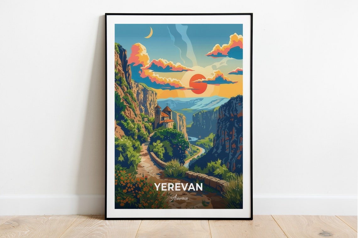 Yerevan Armenia Hrazdan Gorge Sunset Monastery Canyon Travel Poster