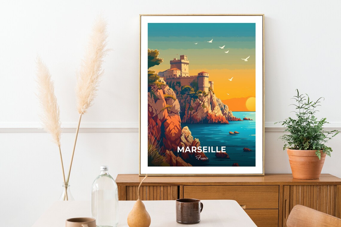 Marseille France Coastal Fortress Sunset Travel Illustration Poster - Image 2