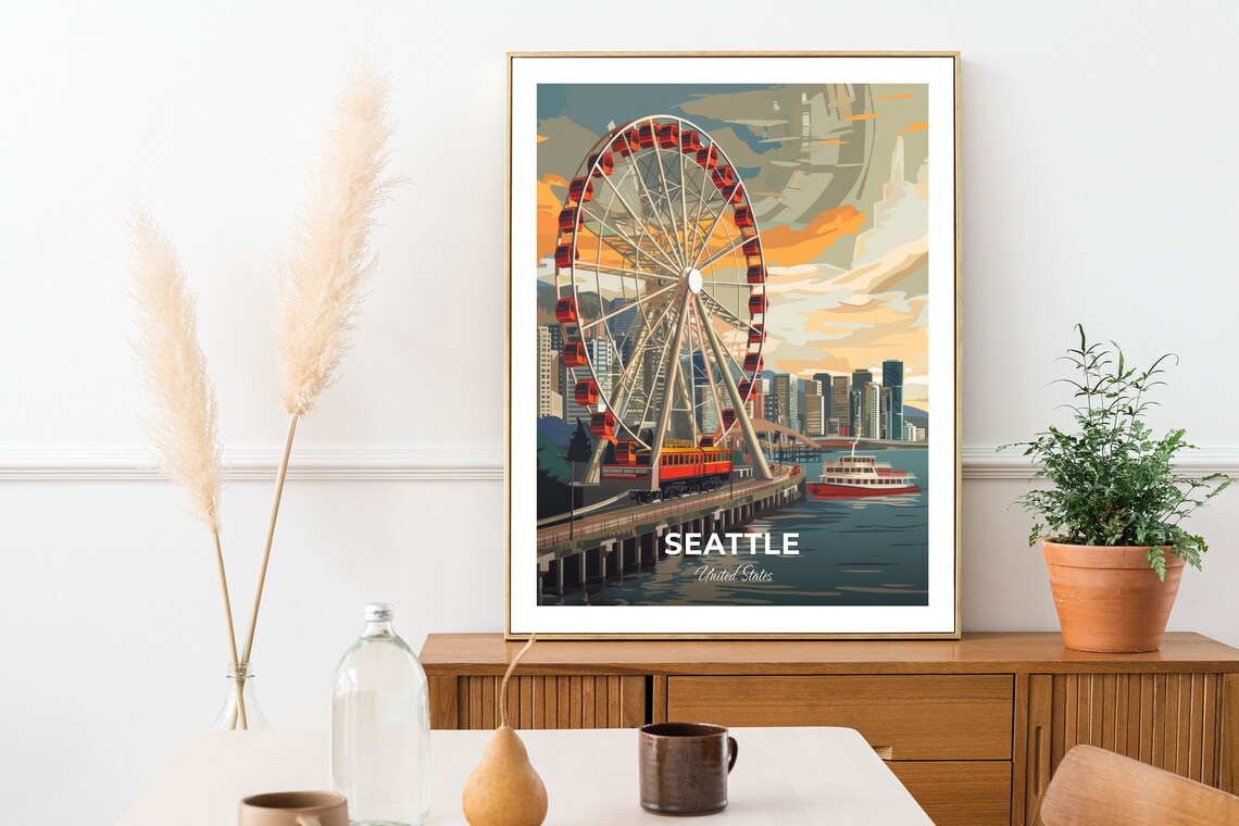 Seattle Washington Great Wheel On The Waterfront Pier With Ferry Poster - Image 2