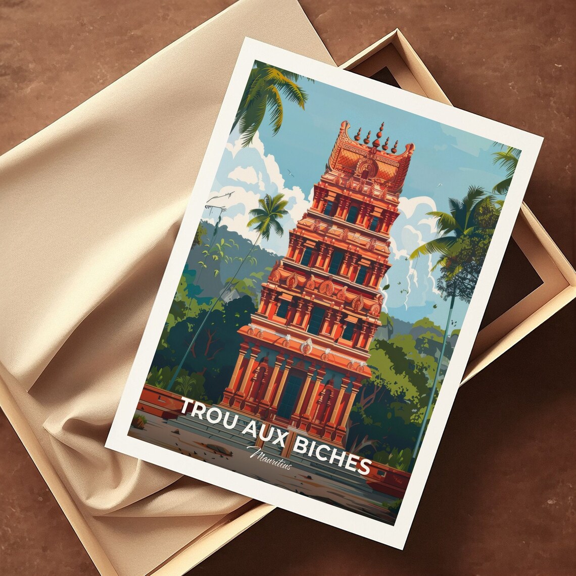 Trou aux Biches Mauritius Hindu Temple Gopuram Palm Garden Travel Poster - Image 3