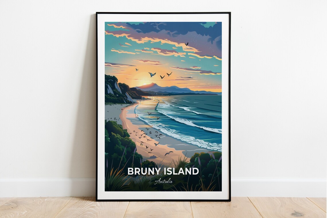 Bruny Island Australia Sunrise Beach Waves and Birds Travel Poster