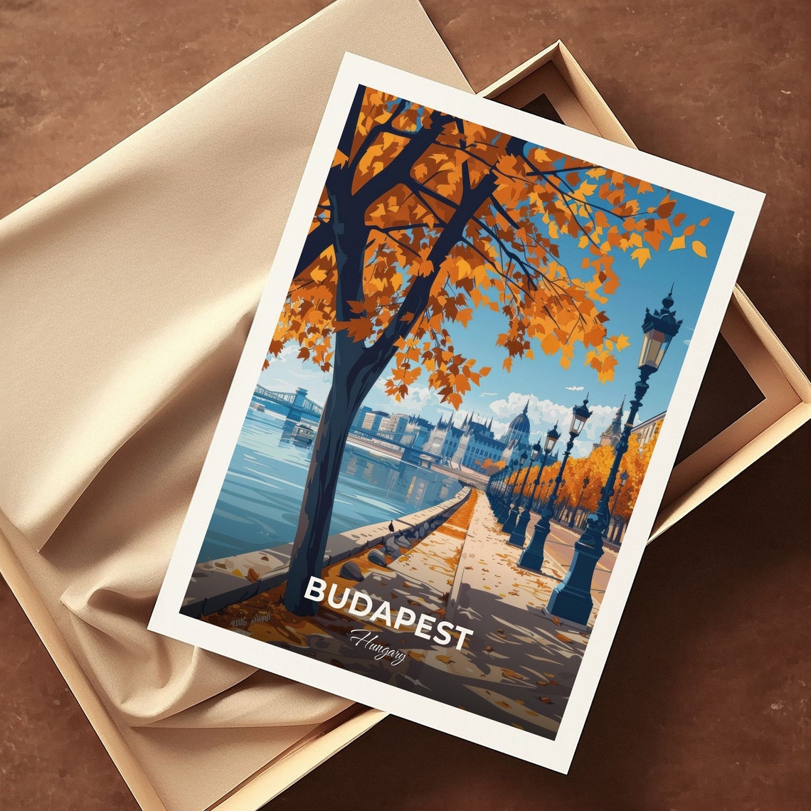 Budapest Autumn Riverside Promenade Parliament Golden Leaves Poster - Image 3