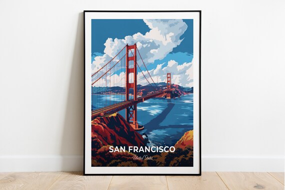 San Francisco Golden Gate Bridge Cliffs Ocean USA Vintage Travel Poster