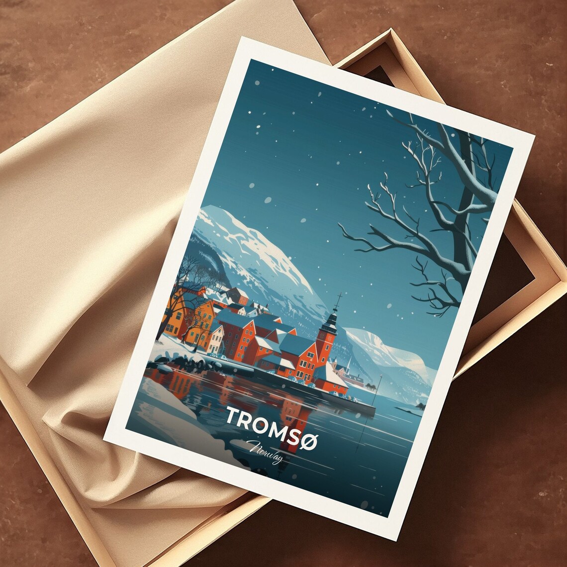 Tromso Norway Snowy Winter Harbor Colorful Houses Night Travel Poster - Image 3