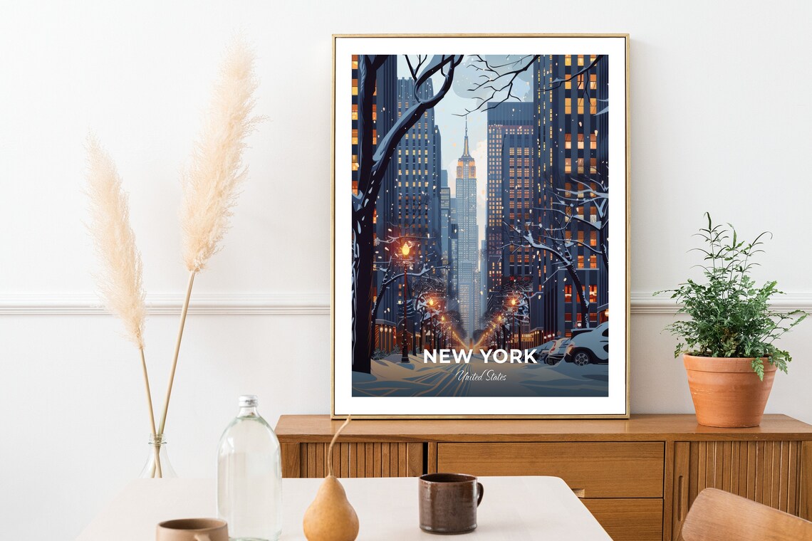 New York City Snowy Midtown Winter Night Street Scene Poster - Image 2