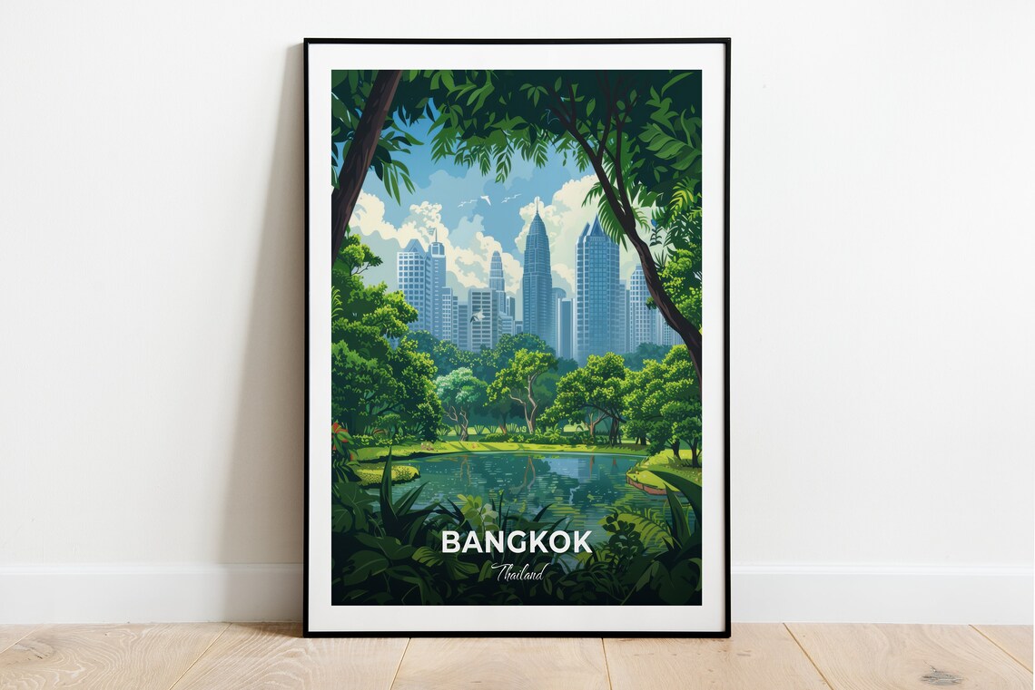 Bangkok Thailand Lumpini Park Lake City Skyline Travel Illustration Poster