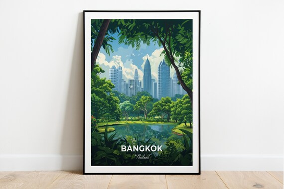 Bangkok Thailand Lumpini Park Lake City Skyline Travel Illustration Poster