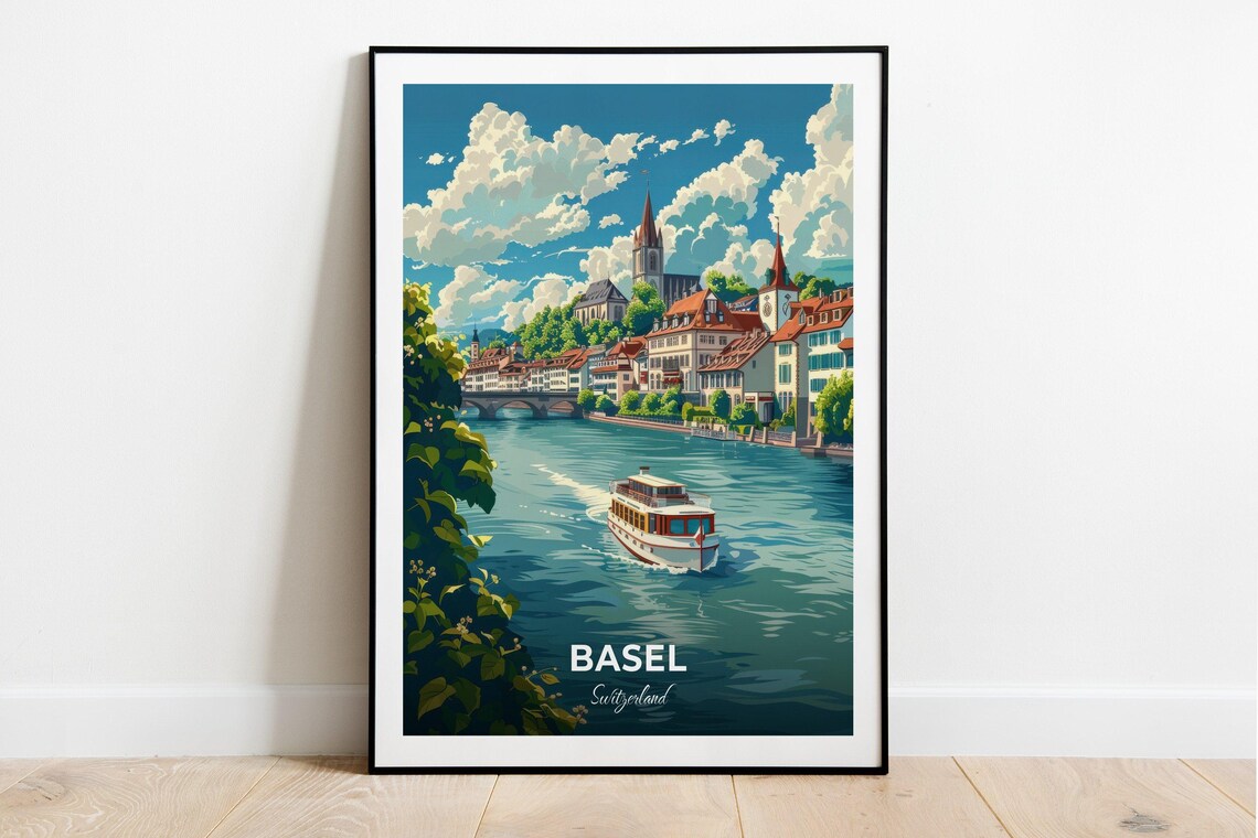 Basel Switzerland River Boat Old Town Church Spires Travel Poster