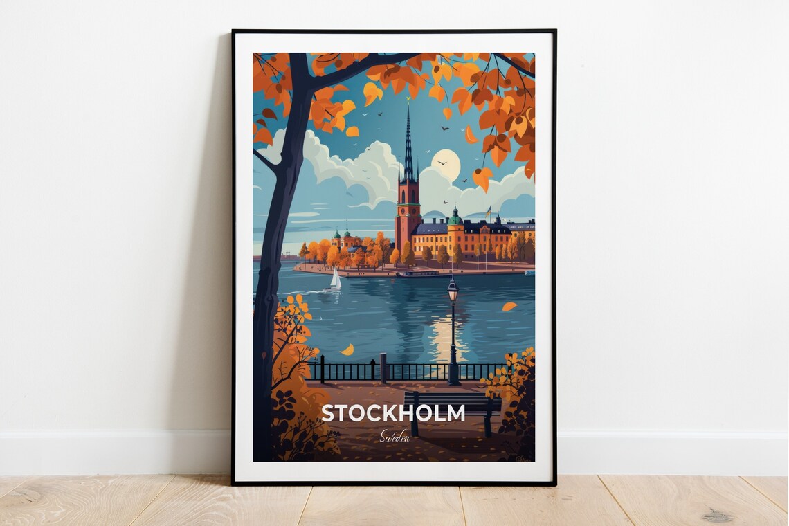 Stockholm Sweden Golden Autumn Harbor View By The Historic Spire Poster