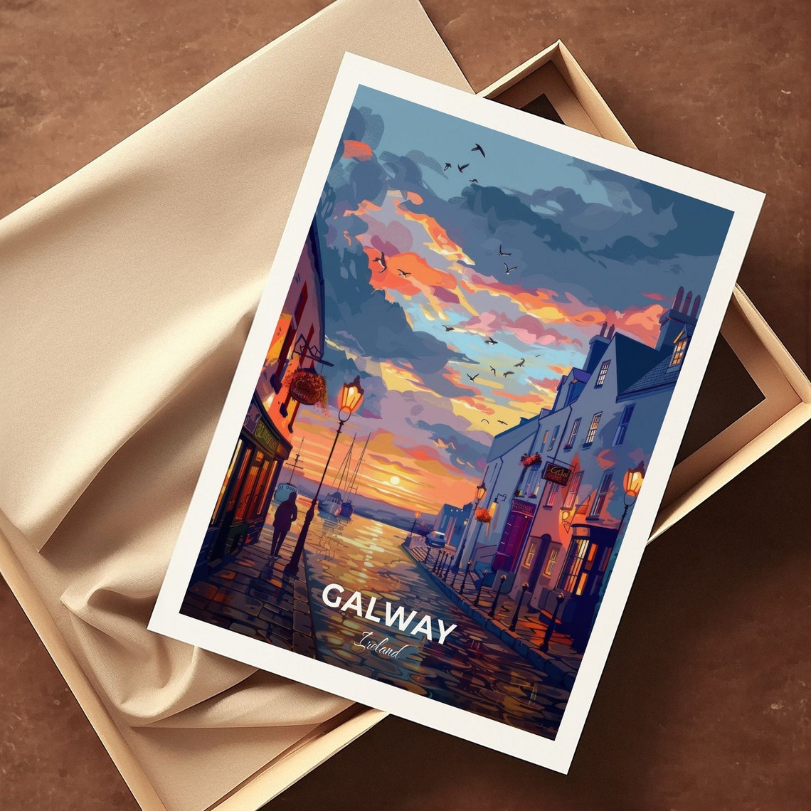 Galway Quay Street Evening Pub Lights and Harbour Travel Poster - Image 3