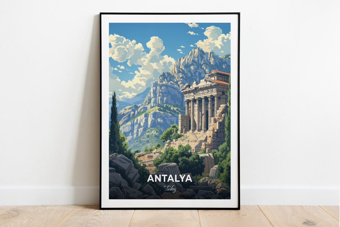 Antalya Ancient Temple Ruins Beneath Towering Mountains Turkey Poster