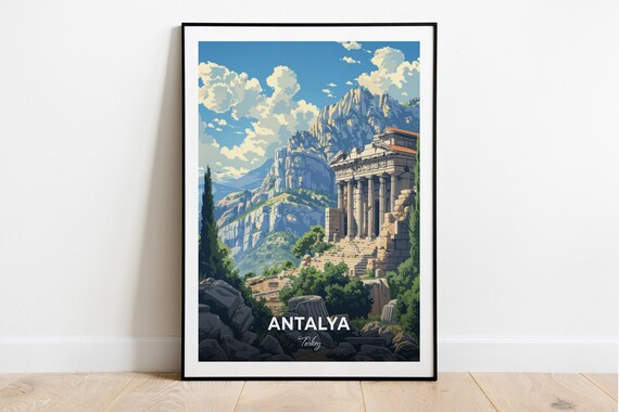 Antalya Ancient Temple Ruins Beneath Towering Mountains Turkey Poster