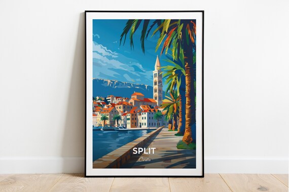 Split Harbor Promenade With Bell Tower And Palms Croatia Travel Poster