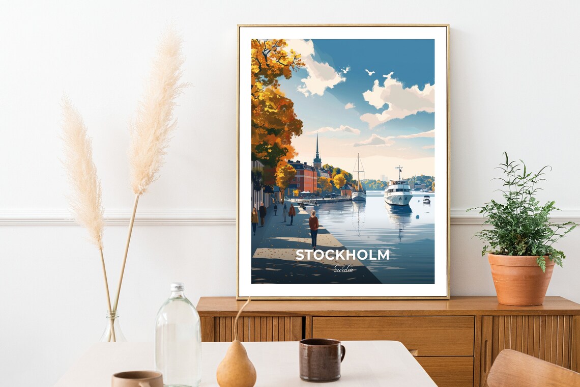Stockholm Sweden Autumn Waterfront Boats Strollers Sunny Day Poster - Image 2