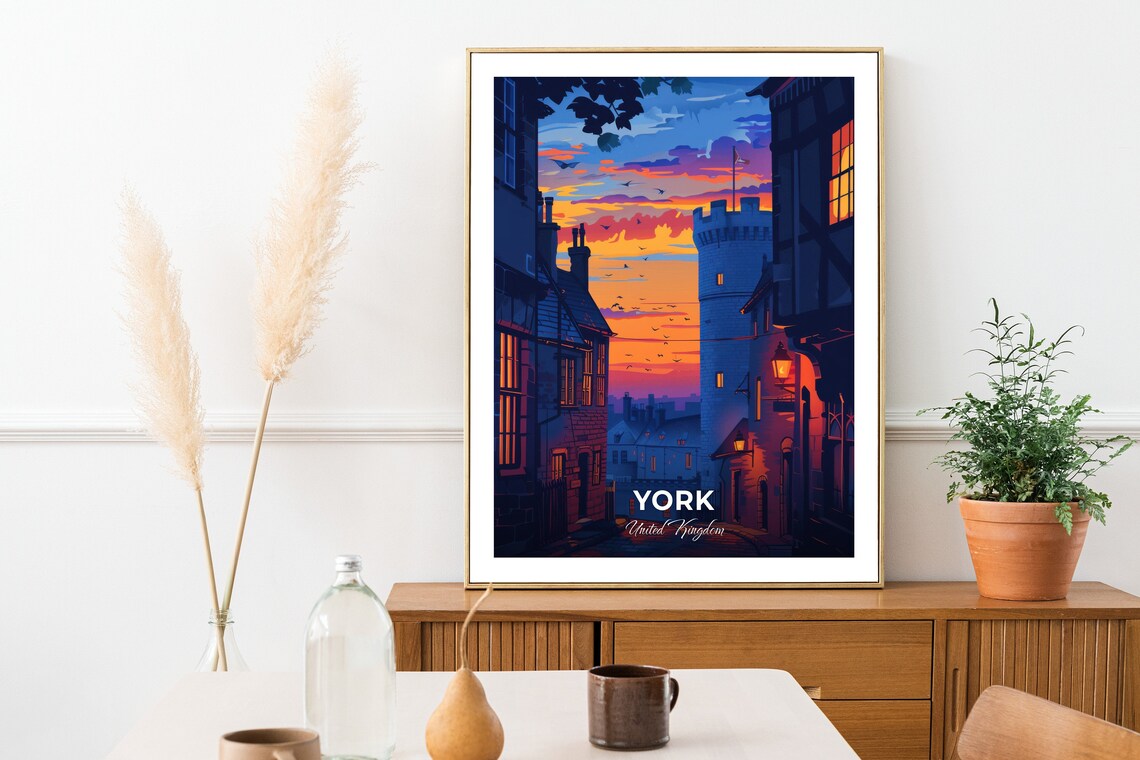 York United Kingdom Medieval Tower Night Street Glowing Windows Poster - Image 2