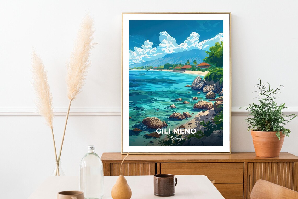 Gili Meno Indonesia Turquoise Beach Volcano Mountain Travel Poster - Image 3