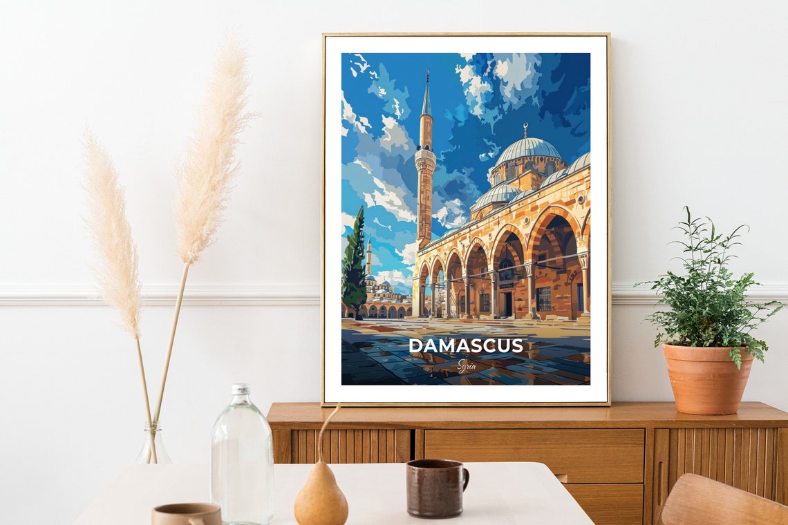 Damascus Grand Mosque Minaret Arcade Courtyard Travel Scene Poster - Image 2