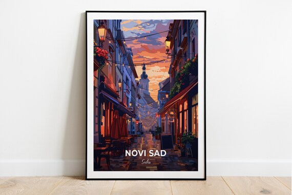 Novi Sad Evening Old Street String Lights Cafe Serbia Travel Poster