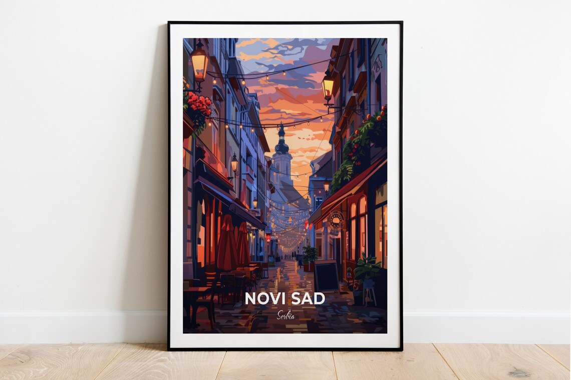 Novi Sad Evening Old Street String Lights Cafe Serbia Travel Poster
