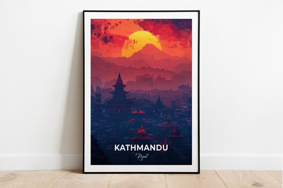 Kathmandu Nepal Temple Sunrise City Silhouette Travel Poster