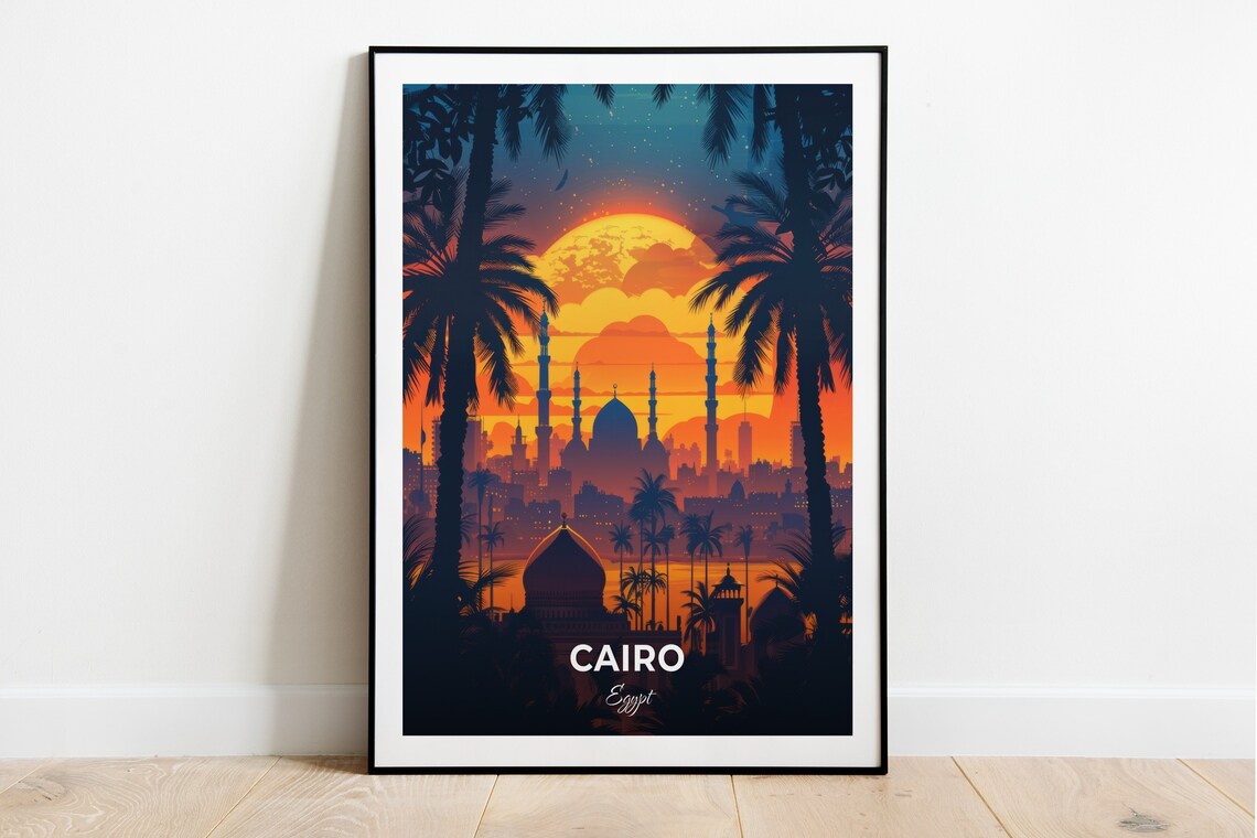 Cairo Egypt Mosque Skyline Minarets Palm Sunset Cityscape Poster