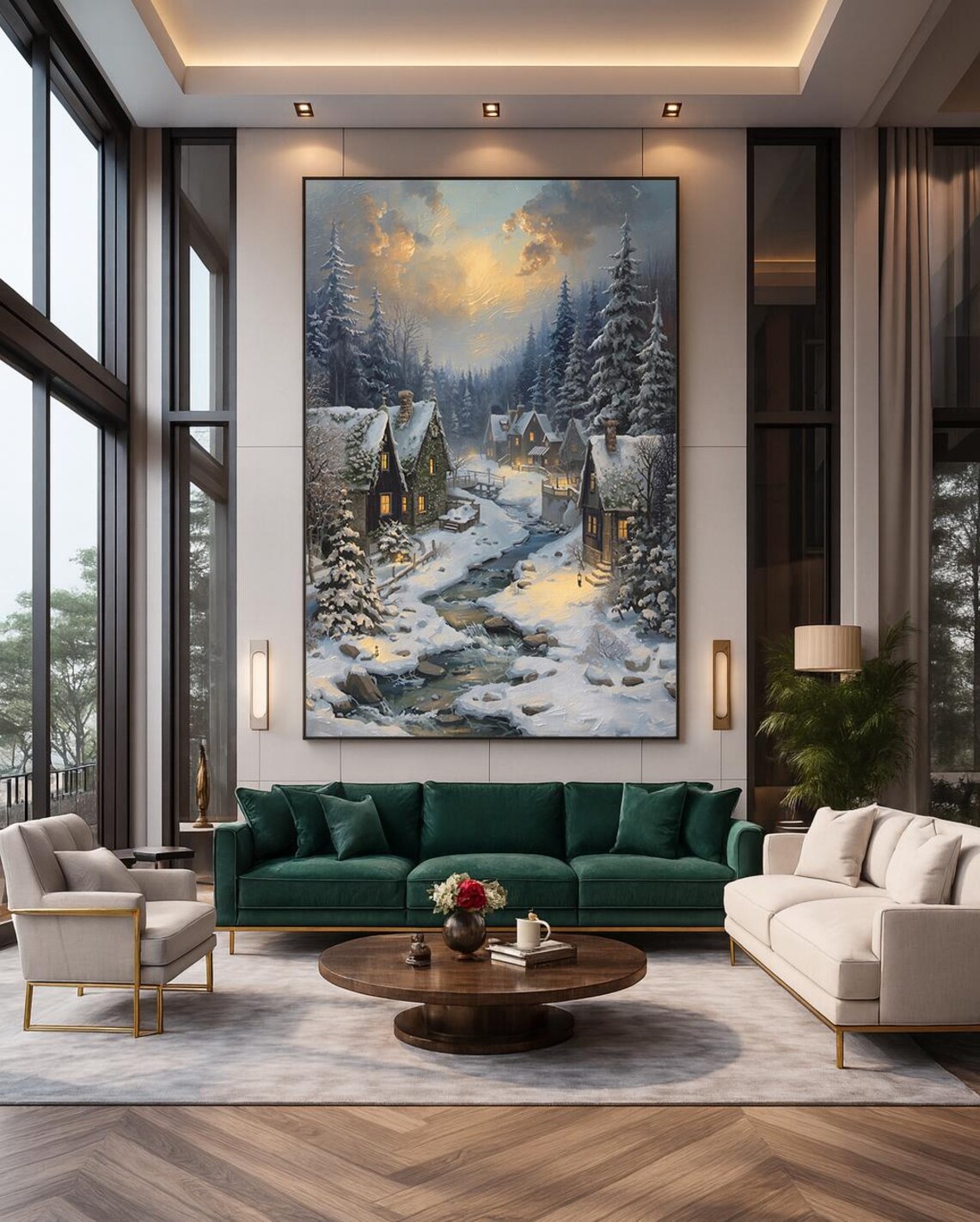Snowy Winter Village Christmas Poster Cozy Cottages Stream Holiday Art