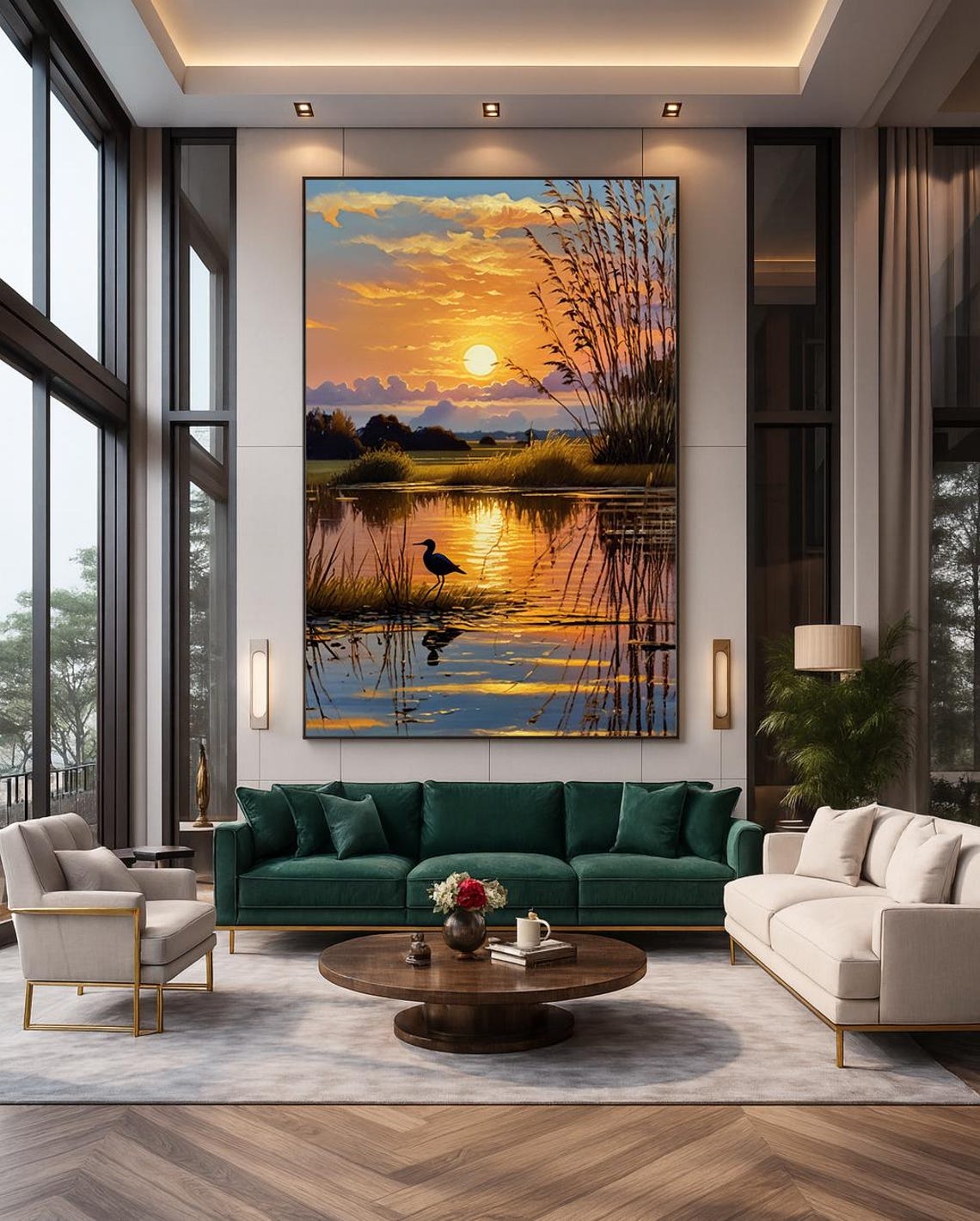 Sunset Marsh Heron Golden Hour Wetlands Reflection Serene Nature Print