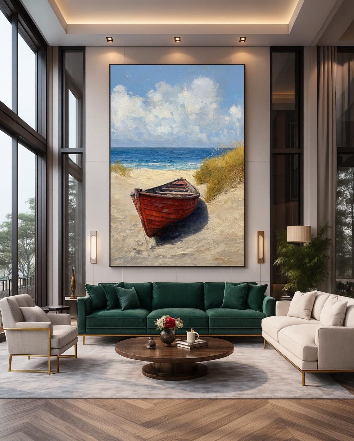 Rustic Red Boat Sandy Shore Blue Sky Coastal Oil Painting Poster