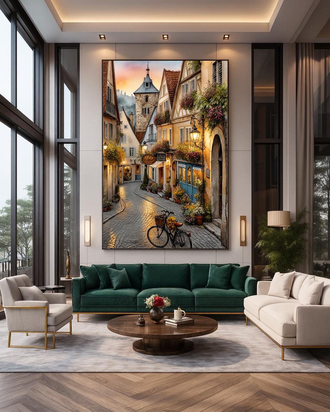 European Village Cobblestone Street Bicycle Lantern Dusk Art Poster