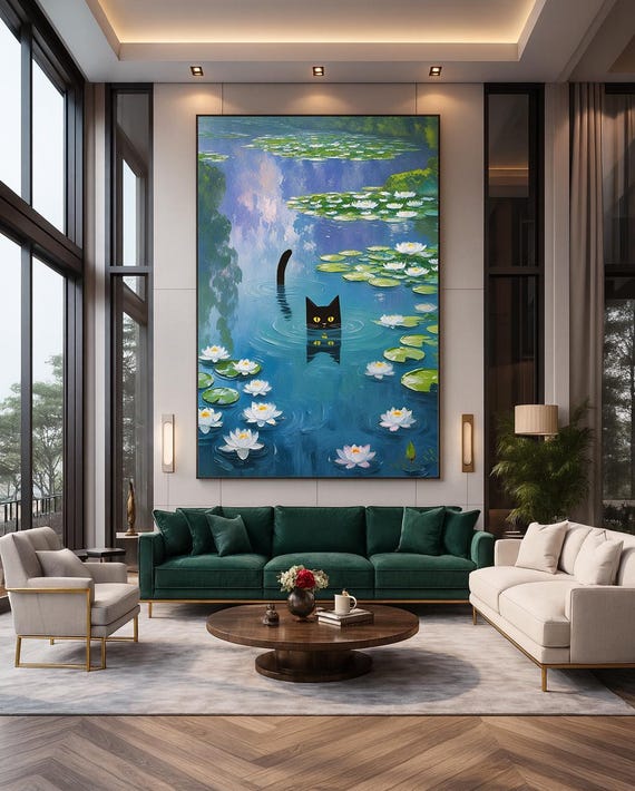 Monet Waterlily Cat Print Whimsical Animal Wall Art Painting