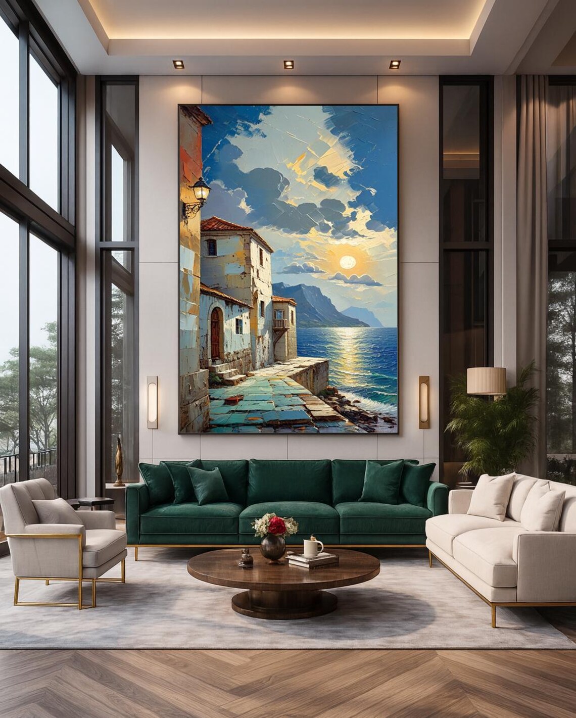 Mediterranean Coastal Village Sunset Stone Houses Golden Sea Poster