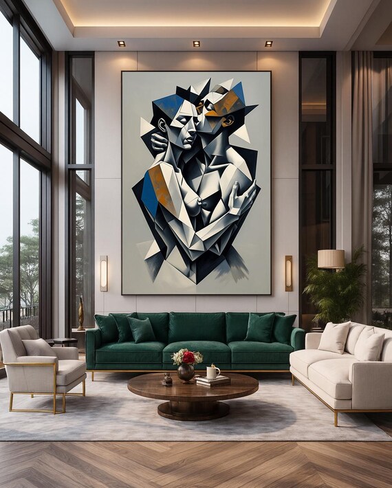 Abstract Cubist Couple Wall Art Geometric Modern Love Painting Blue Gold Print