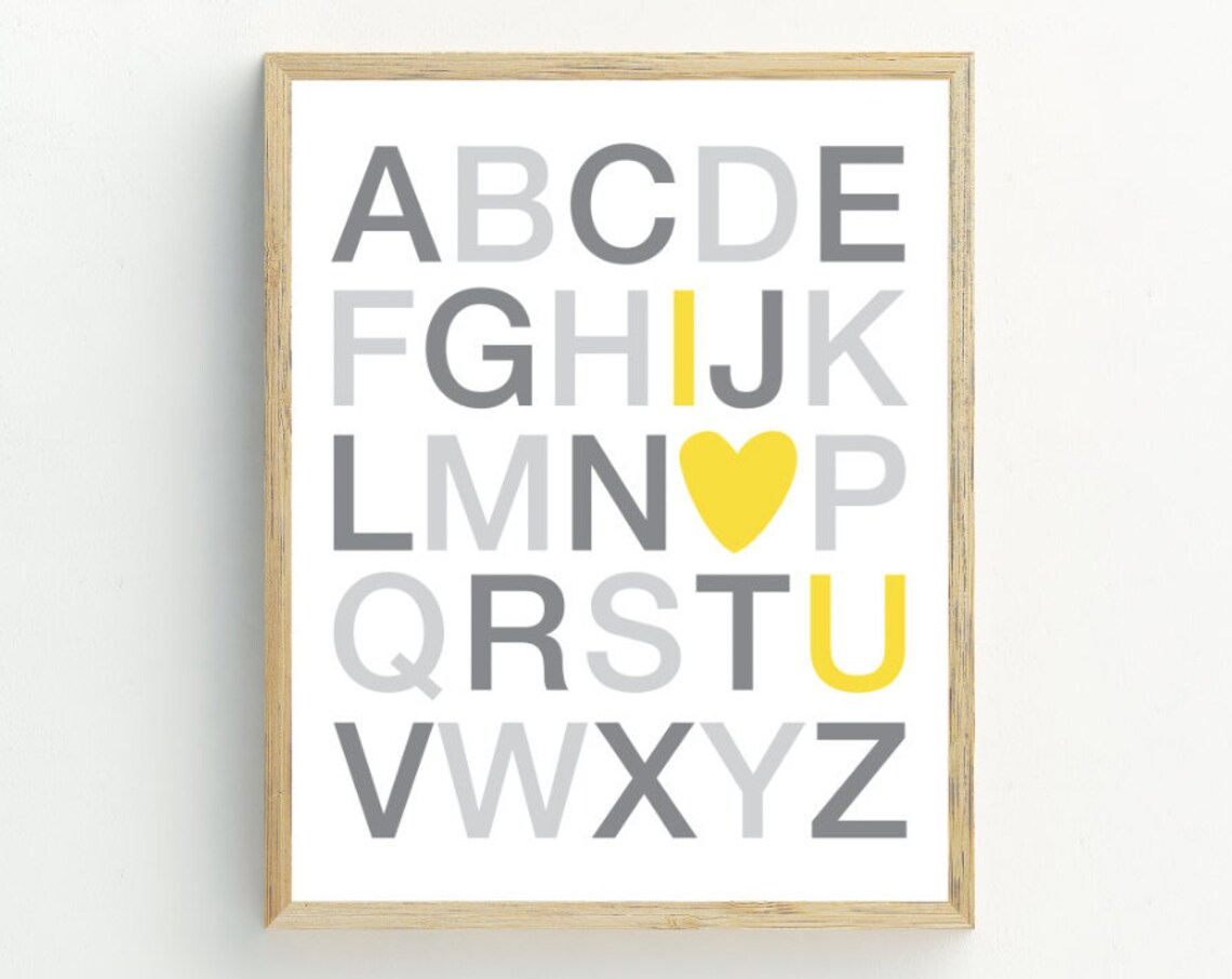Alphabet Art Nursery Decor, Grey and Yellow Poster