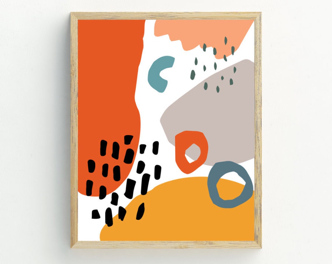 Bold Orange Teal Abstract Shapes Mid Century Modern Wall Art Print