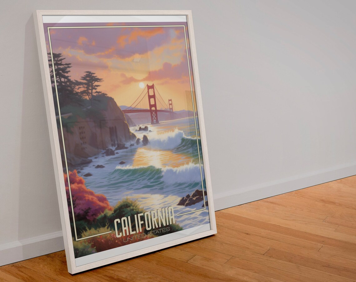 California Golden Gate Bridge Sunset Waves Cliffs Travel Poster