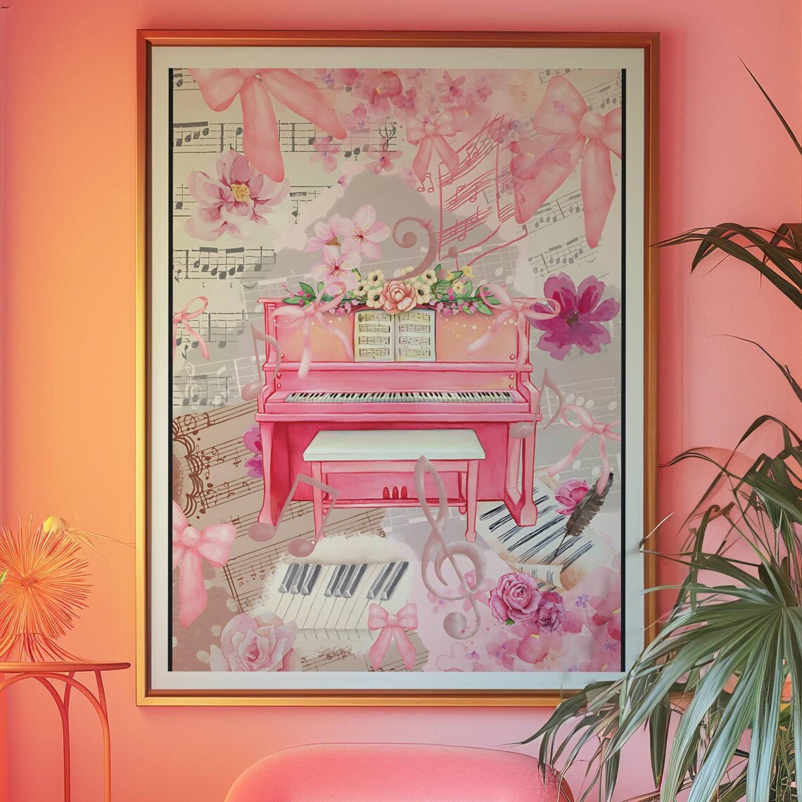Pink Coquette Piano Collage Watercolor Music Room Decor Poster - Image 5
