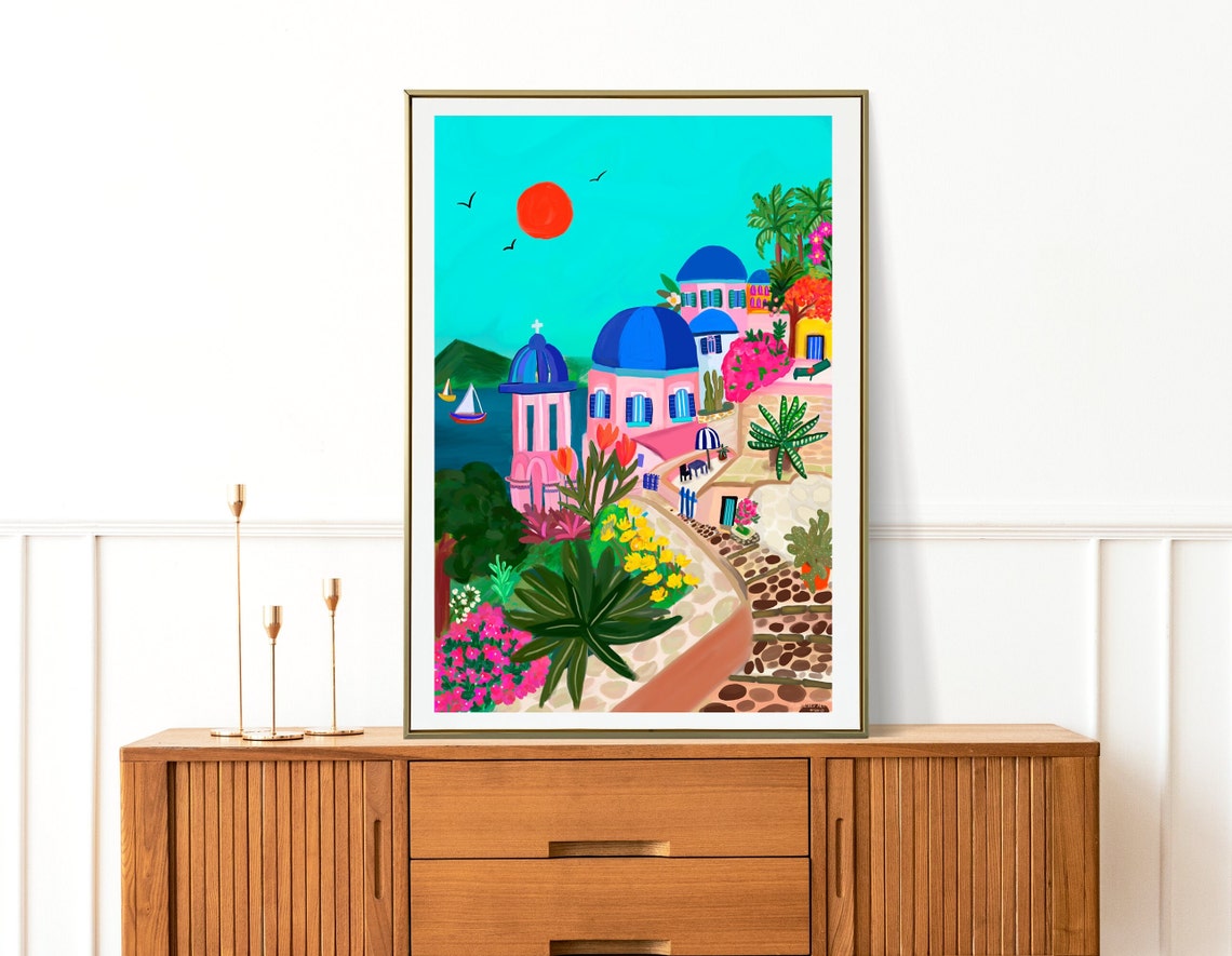 Santorini Greece Blue Domes Caldera Red Sunset View Art Print - Image 2