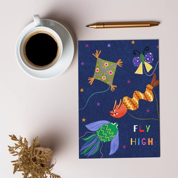 Motivational Postcard Kite Art Blue Postcard Gift Gift For Teenager Fun Stationery Gift Colourful Postcard