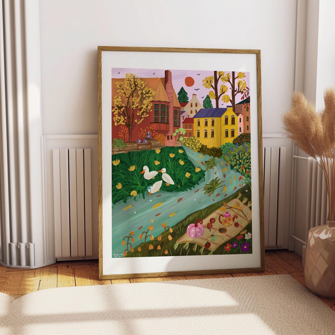 Autumn Canal Ducks Riverside Old Town Fall Picnic Scene Art Print
