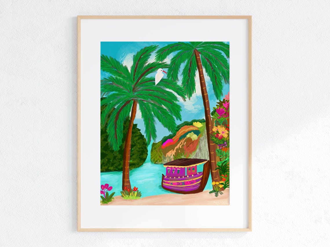 Phi Phi Thailand Palm Trees Longtail Boat Cove Travel Poster